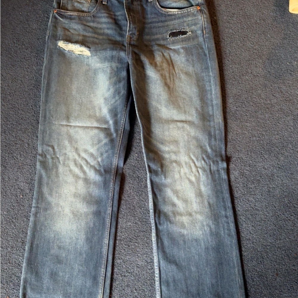 H&M Men's Straight Jeans in Faded Blue with Distressed Detail